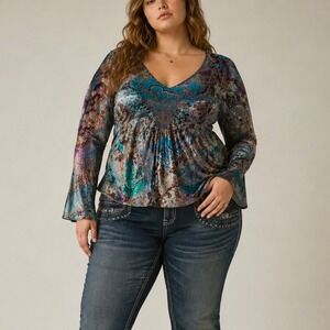 ONE WORLD Velour Top 2X Flare Sleeve Mixed Print Fairy Grunge Whimsigoth V-Neck